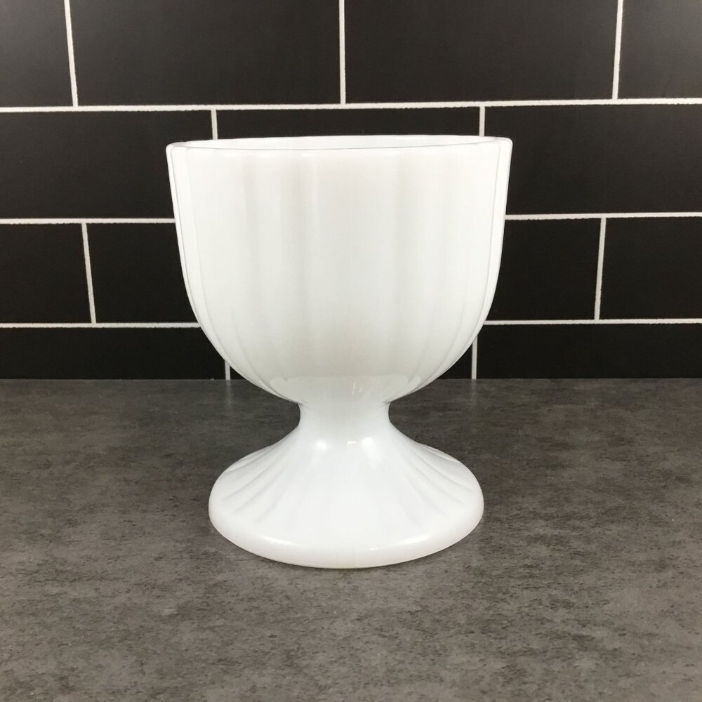 White Milk Glass Ribbed Pedestal Bowl Vintage Decorative Centerpiece